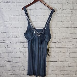 Green Dragon Slate Blue Midi Dress with Embellished V-Neck